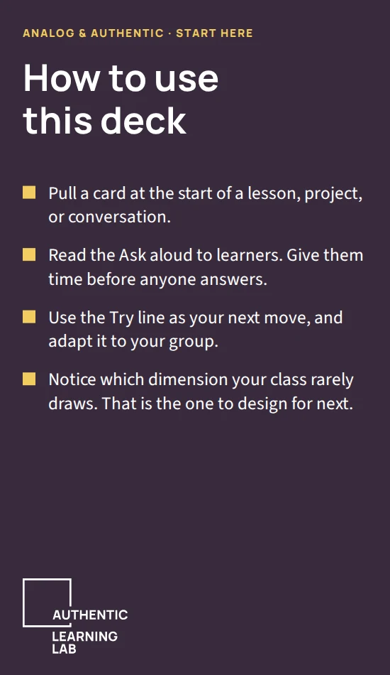 How-to card: pull a card, read the Ask aloud, use the Try line, notice which dimension your class rarely draws