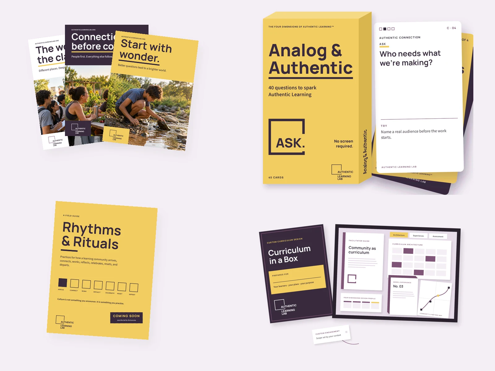 Authentic Learning Lab resources: the Poster Series, the Analog & Authentic card deck, the Rhythms & Rituals field guide, and Curriculum in a Box