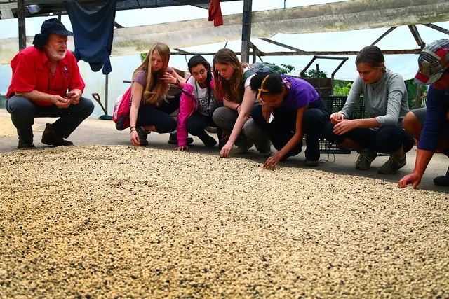 Learners with a coffee grower on a farm in Costa Rica
